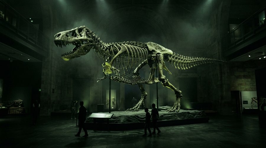 Kerangka dinosaurus T. rex berdiri megah di aula museum gelap dengan pencahayaan hijau lembut
