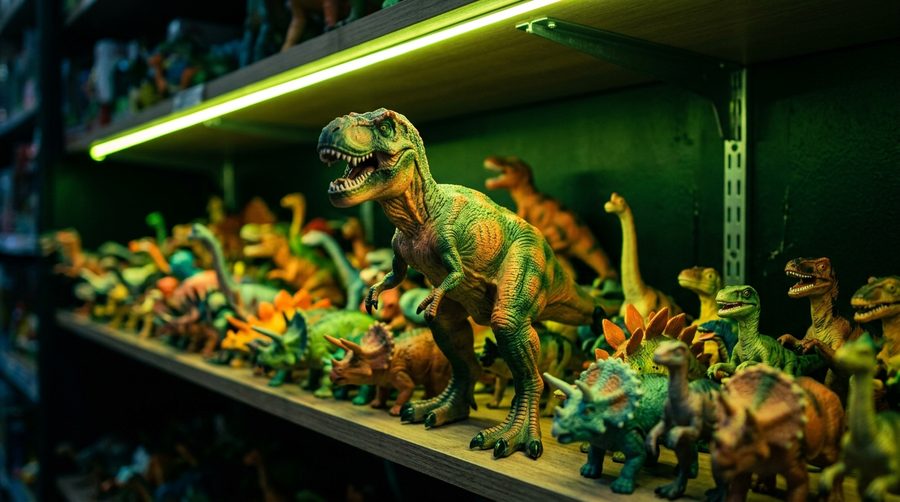 Rak mainan dinosaurus warna-warni menyala hijau di toko dengan pencahayaan etalase dramatis
