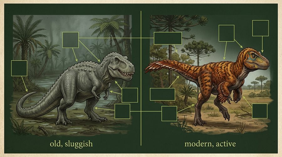 Ilustrasi perbandingan dua rekonstruksi dinosaurus lama dan baru dengan anotasi garis hijau seperti kertas kerja ilmiah